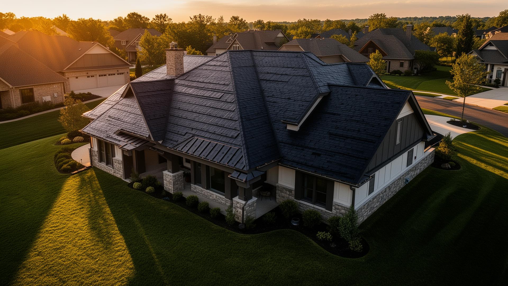 Aerial view of a freshly installed dark architectural shingle roof in Houston